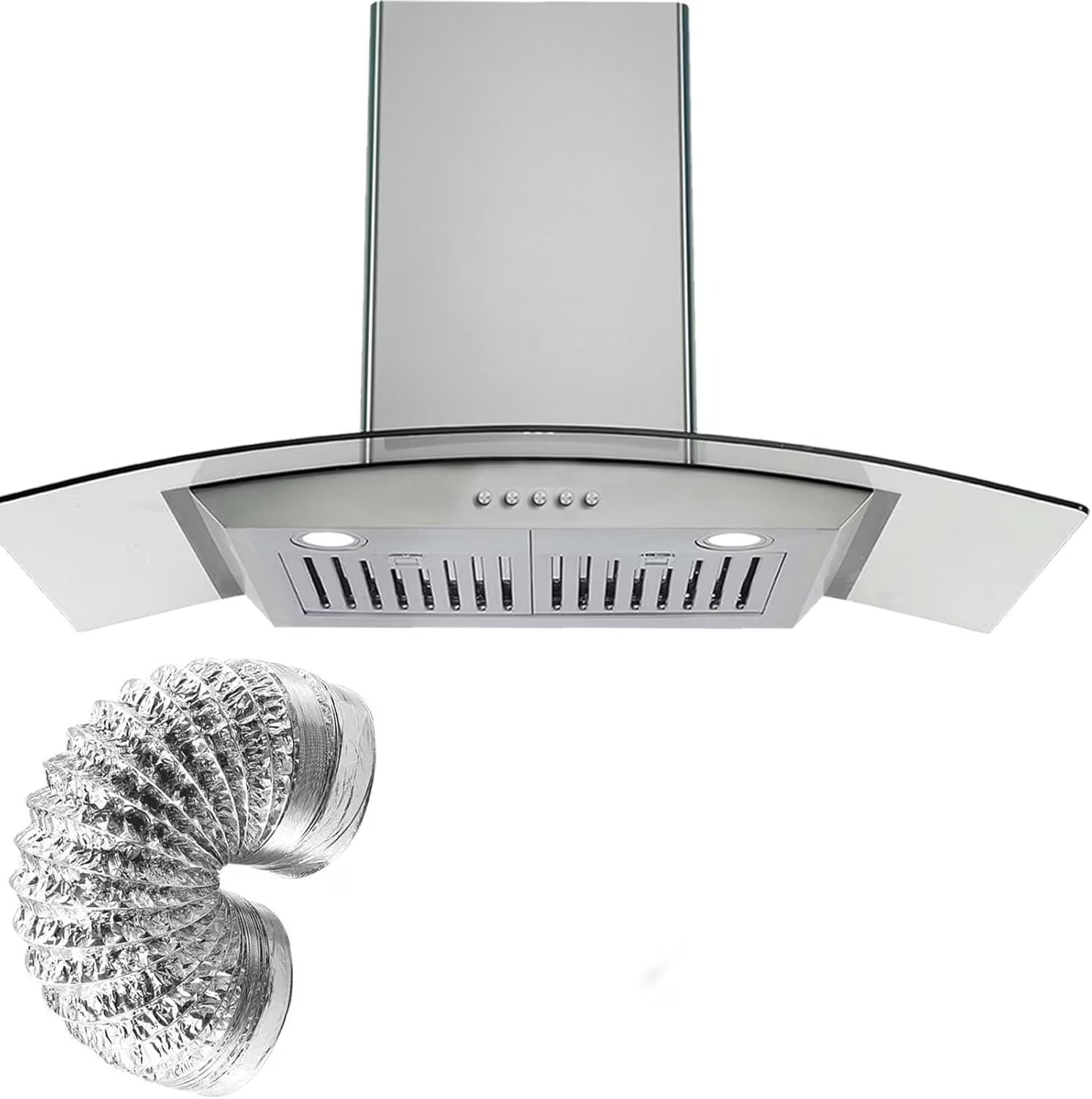 STRELECT 30 Inch Curved Glass Range Hood, 400 CFM Ductless/Ducted Convertible Stove Vent Hood with Chimney, 3 Speed Fan, LED Light, Button Control Vent Hood for Stove Kitchen