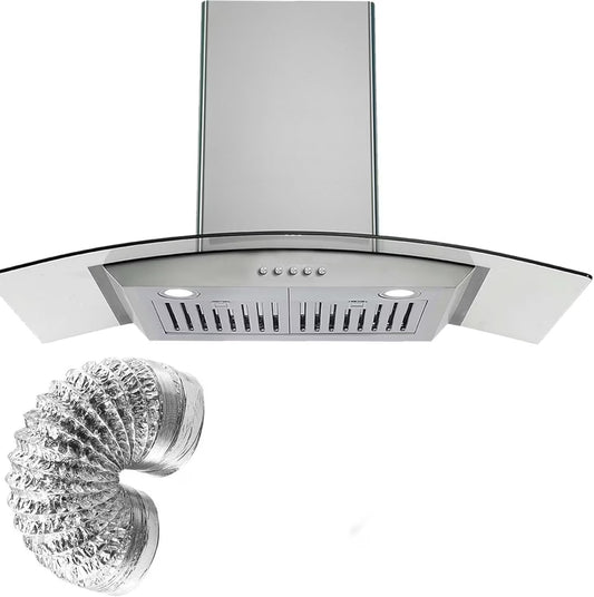 STRELECT 30 Inch Curved Glass Range Hood, 400 CFM Ductless/Ducted Convertible Stove Vent Hood with Chimney, 3 Speed Fan, LED Light, Button Control Vent Hood for Stove Kitchen