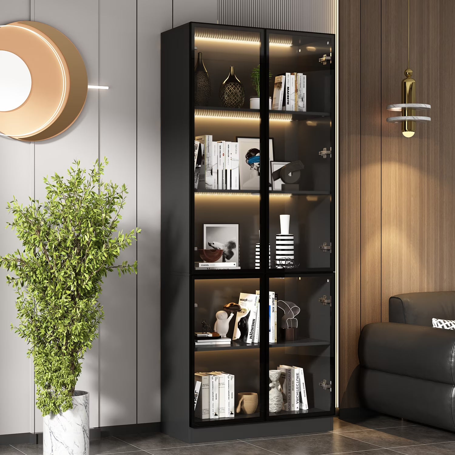 KULAGAGA Bookcases Organizer with LED Lights, Heavy Duty Display Cabinet with Glass Door for Living Room, 31.5" Wide