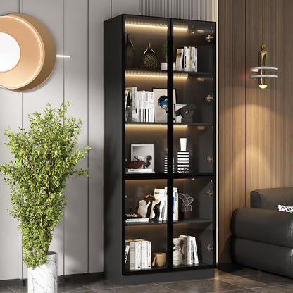KULAGAGA Bookcases Organizer with LED Lights, Heavy Duty Display Cabinet with Glass Door for Living Room, 31.5" Wide