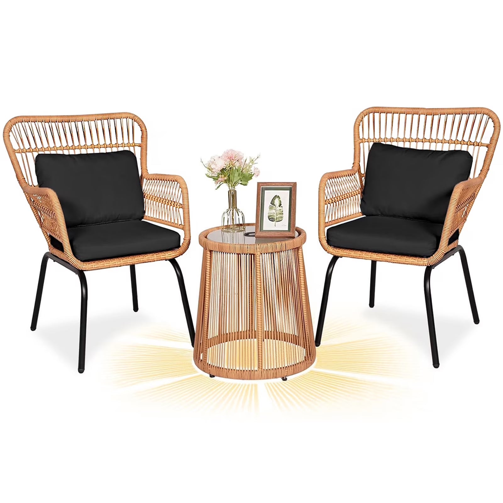 Tappio 3-Piece Patio Conversation Bistro Set Rattan Furniture, Outdoor Patio Set w/Glass Top Table & Cushions for Garden Balcony Backyard Poolside, Yellow/Beige