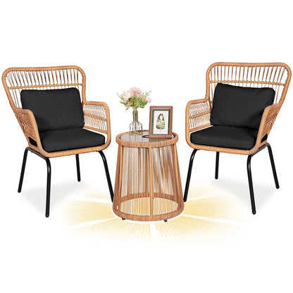 Tappio 3-Piece Patio Conversation Bistro Set Rattan Furniture, Outdoor Patio Set w/Glass Top Table & Cushions for Garden Balcony Backyard Poolside, Yellow/Beige