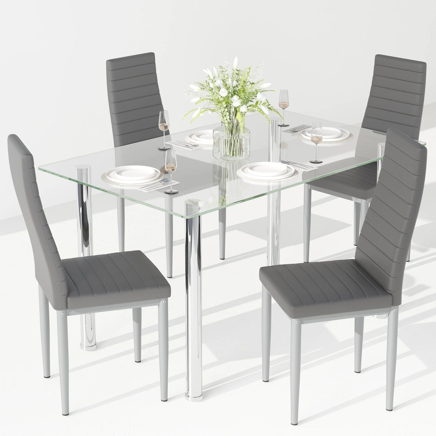 PAPROOS Dining Table Set for 4, Modern Kitchen Table Sets with Tempered Glass Dining Table and 4 PU Leather Chairs, Compact Dining Room Set for Small Space, Home Dinette Set for 4, Gray