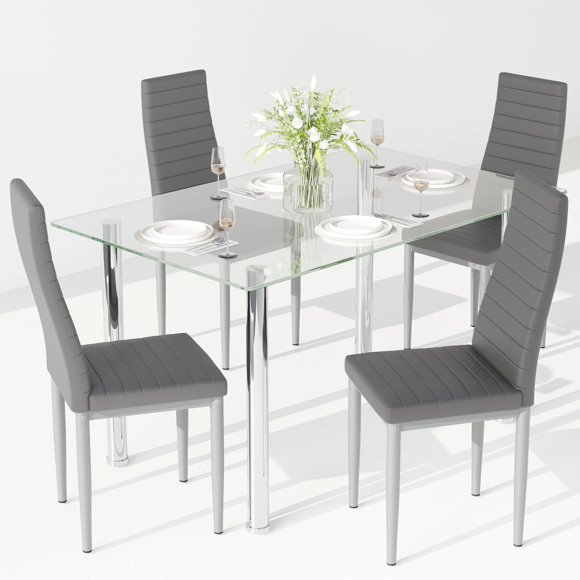 PAPROOS Dining Table Set for 4, Modern Kitchen Table Sets with Tempered Glass Dining Table and 4 PU Leather Chairs, Compact Dining Room Set for Small Space, Home Dinette Set for 4, Gray