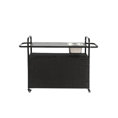 Yiweny Outdoor Rolling Wicker Bar Cart, Large Portable Outdoor Wicker Bar Table with Cabinet Storage and Glass Countertop, Patio Wicker Serving Bar Cart for Pool, Party, Backyard, Black