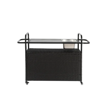 Yiweny Outdoor Rolling Wicker Bar Cart, Large Portable Outdoor Wicker Bar Table with Cabinet Storage and Glass Countertop, Patio Wicker Serving Bar Cart for Pool, Party, Backyard, Black