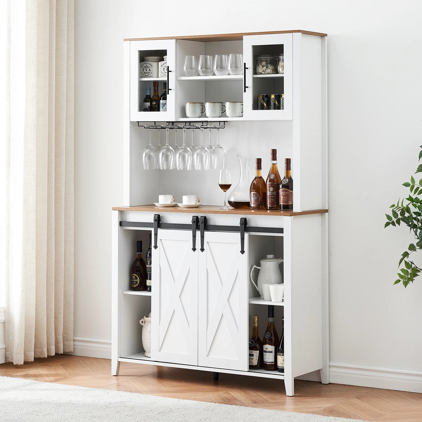 Farmhouse Bar Cabinet with Storage, Kitchen Buffet Cabinet with Sliding Barn Door and 3 Drawers, Coffee Bar with Wine and Glass Rack for Kitchen, Dining Room, White