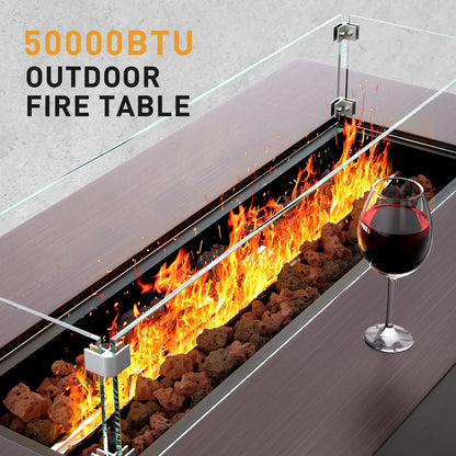 WFUN 43" Outdoor Propane Fire Pit Table with Glass Wind Guard & Cover for Garden, Pool, Backyard, CSA certification, Brown