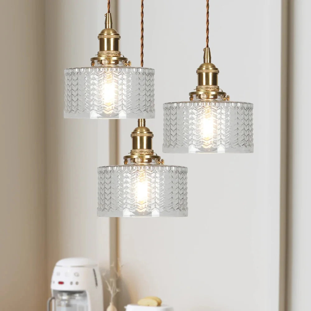 Arturesthome Classic Vintage Green Glass Pendant Light Cylinder Wavy Small Light Fixture