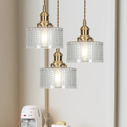 Arturesthome Classic Vintage Green Glass Pendant Light Cylinder Wavy Small Light Fixture