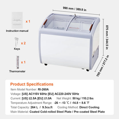 KFFKFF Professional Ice Cream Showcase, 9.3 Cubic Feet Storage Freezer, Portable Transparent Lid Deep Freezer, Eatery Sorbet Serving Cabinet,3 Metal Baskets, Dual Slide Glass Doors, Lockable Wheels