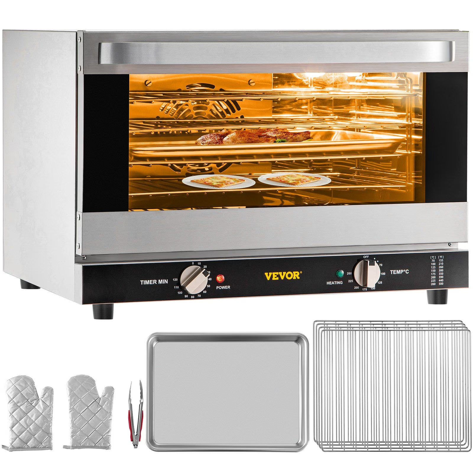 Commercial Convection Oven 47L/43Qt, Half-Size Electric Countertop Baking Oven, 1600W 4-Tier Toaster w/Front Glass Door, Wire Racks, Tray, Bread Clip & Gloves, 120V ETL Listed