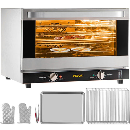 Commercial Convection Oven 47L/43Qt, Half-Size Electric Countertop Baking Oven, 1600W 4-Tier Toaster w/Front Glass Door, Wire Racks, Tray, Bread Clip & Gloves, 120V ETL Listed