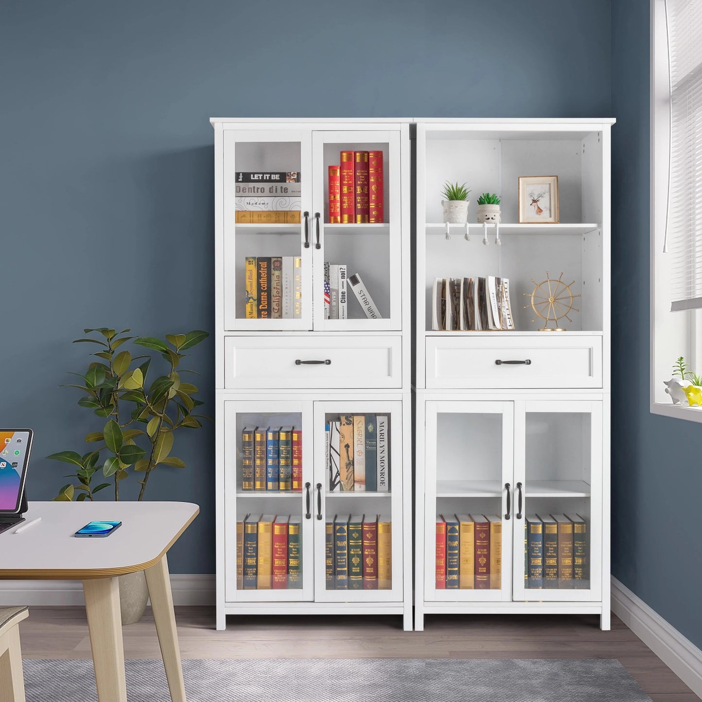 UBesGoo Bookcase with Acrylic Glass Doors 5 Shelves Pantry Cabinet, 70.8 Inch Kitchen Buffet Cupboard Cabinet, White