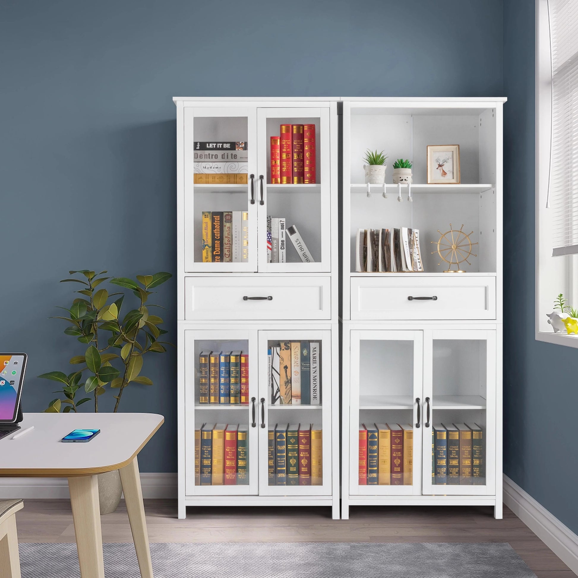 UBesGoo Bookcase with Acrylic Glass Doors 5 Shelves Pantry Cabinet, 70.8 Inch Kitchen Buffet Cupboard Cabinet, White