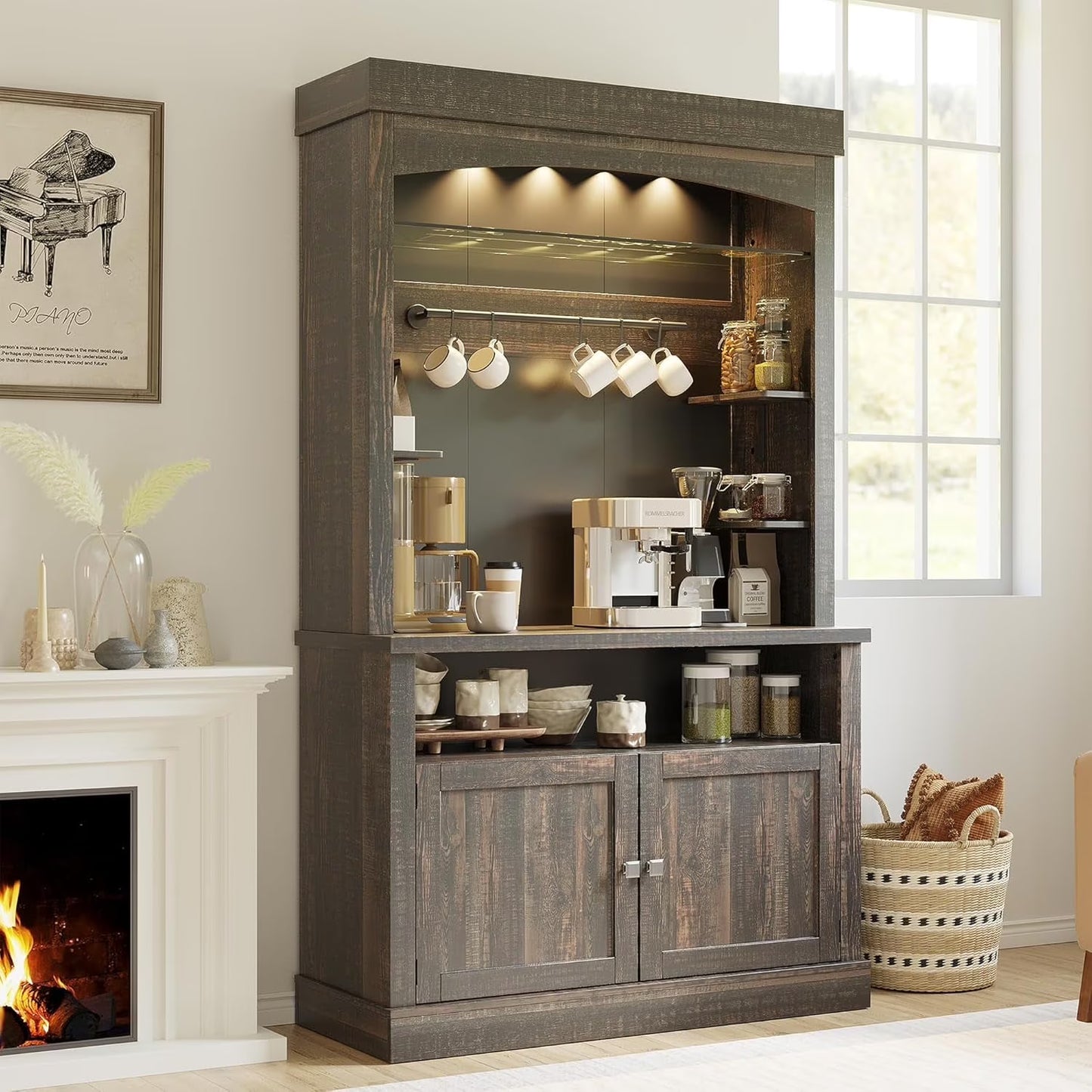 Homhougo Coffee Bar Cabinet with LED Lights, 72" Tall Buffet Cabinet with Storage, Farmhouse Kitchen Sideboard, Microwave Stand, Wine Rack, Glass Shelf, Kitchen & Dining Room Furniture, Dark Oak