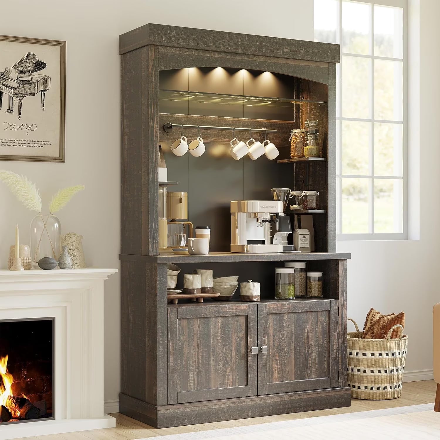 Homhougo Coffee Bar Cabinet with LED Lights, 72" Tall Buffet Cabinet with Storage, Farmhouse Kitchen Sideboard, Microwave Stand, Wine Rack, Glass Shelf, Kitchen & Dining Room Furniture, Dark Oak
