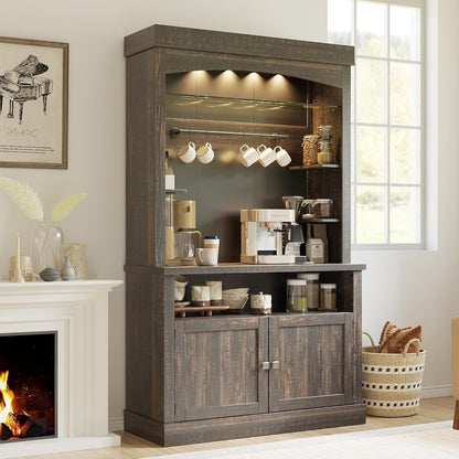 Homhougo Coffee Bar Cabinet with LED Lights, 72" Tall Buffet Cabinet with Storage, Farmhouse Kitchen Sideboard, Microwave Stand, Wine Rack, Glass Shelf, Kitchen & Dining Room Furniture, Dark Oak