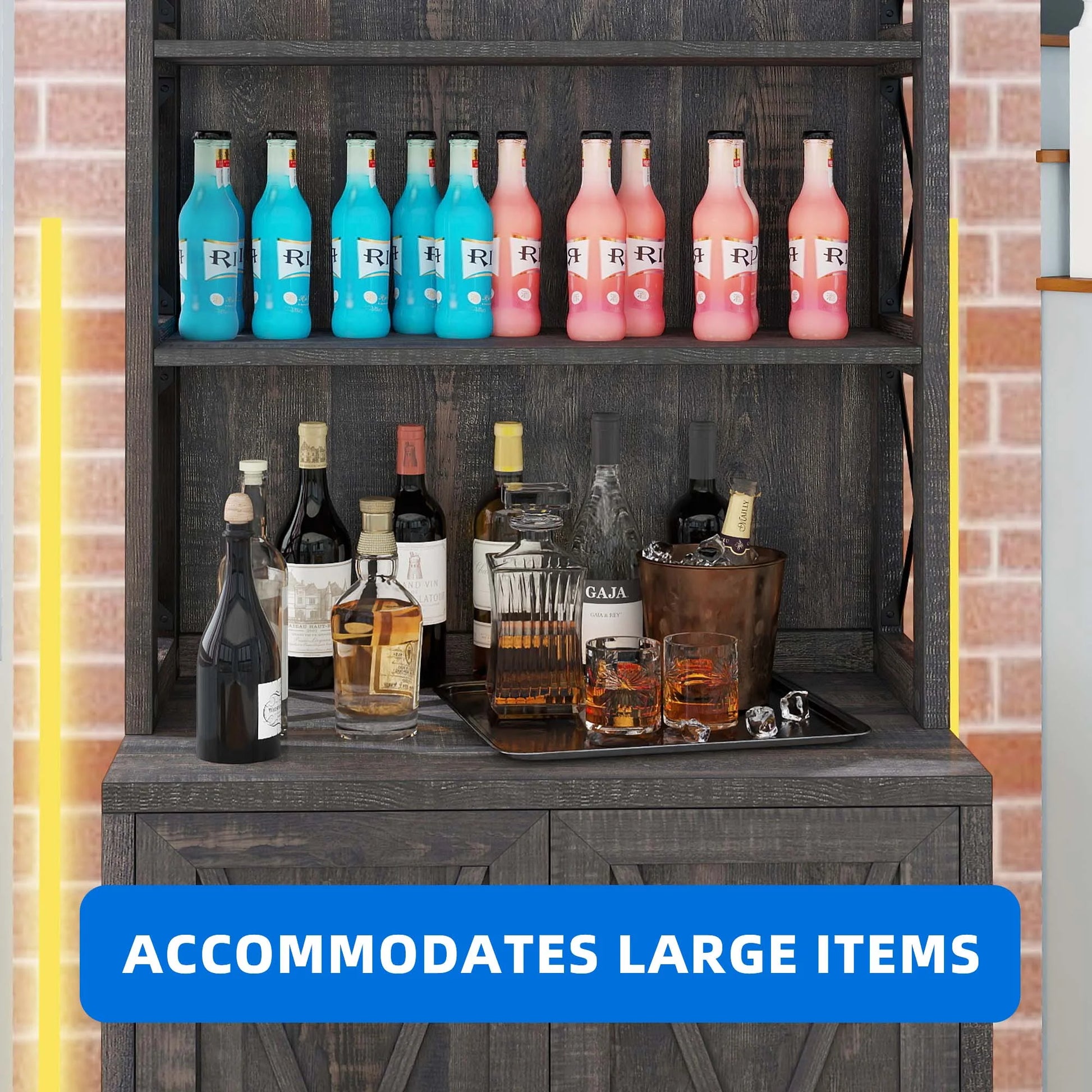 DEXTRUS Bar Cabinet with Glasses Holder, Tall Liquor Sideboard Buffet, Living Room, Dark Rustic Oak
