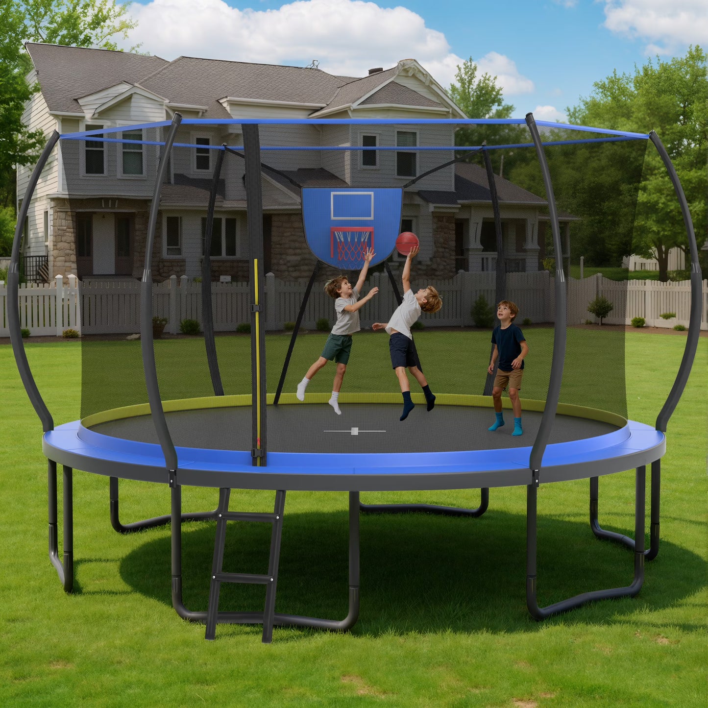 14FT Trampoline with Enclosure for Kids Adults, SEGMART Outdoor Pumpkin Round Recreational Trampoline with No-Gap Design, Heavy Duty Backyard Trampoline with Curved Fiberglass Poles for Indoor Outdoo