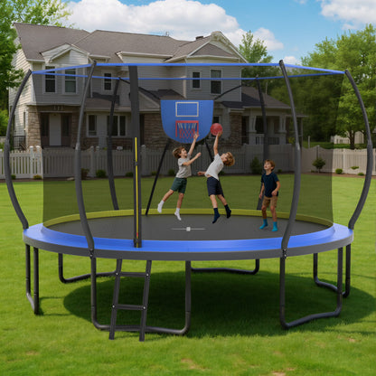 14FT Trampoline with Enclosure for Kids Adults, SEGMART Outdoor Pumpkin Round Recreational Trampoline with No-Gap Design, Heavy Duty Backyard Trampoline with Curved Fiberglass Poles for Indoor Outdoo
