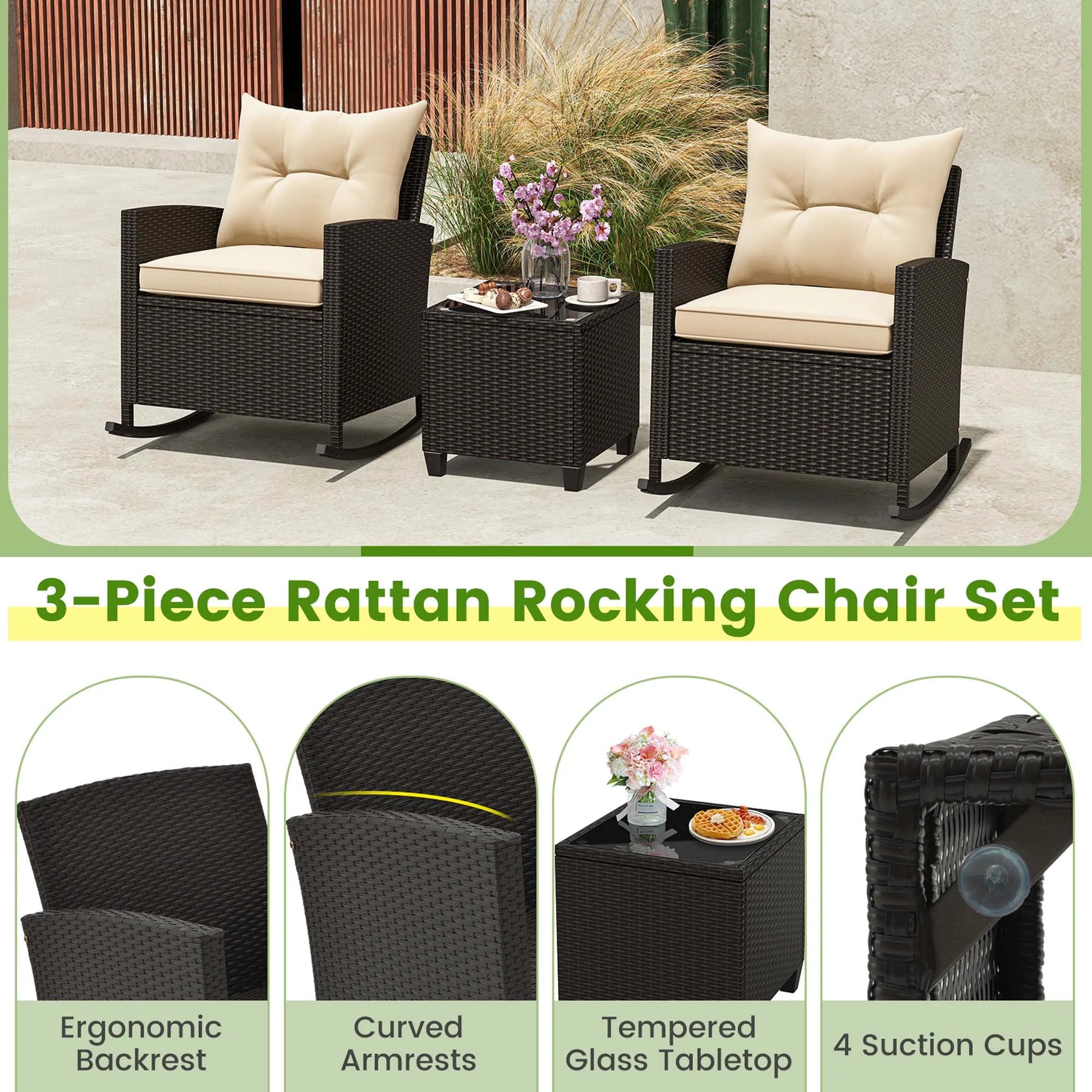 Costway 3 PCS Patio Wicker Rocking Set with Tempered Glass Table & Soft Cushions Outdoor Beige