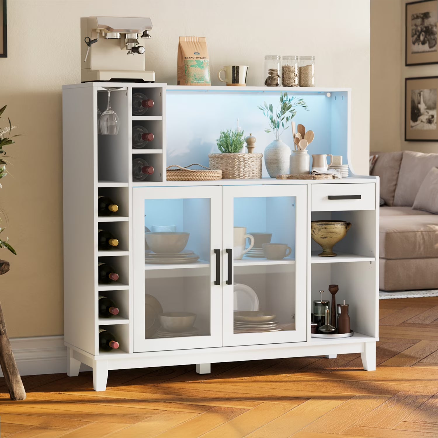 LINSY HOME Wine Bar Cabinet with LED Light, Home Coffee Cabinet with Wine and Glass Rack, Kitchen Buffet Sideboard with Storage Cabinet& Drawers, White