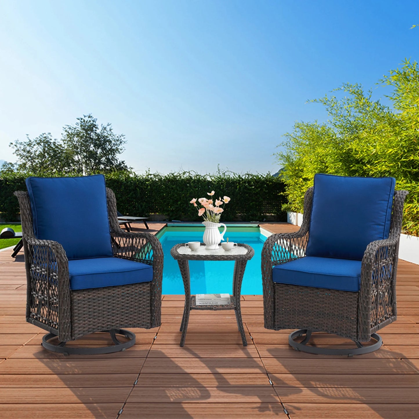 Twister.CK 3 Pieces Patio Furniture Set, Outdoor Swivel Gliders Rocker, Wicker Patio Bistro Set with Rattan Rocking Chair, Glass Top Side Table and Thickened Cushions for Porch Deck Backyard