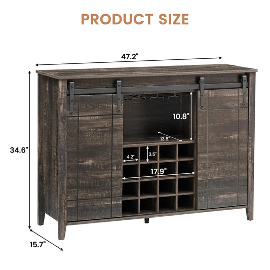 DSstyles 47" Coffee Bar Cabinet w/16 Wine & Glass Rack, Storage Shelves Farmhouse Wine Bar Cabinet w/Sliding Barn Door Rustic Large Buffet Sideboard Cabinet for Dining Room
