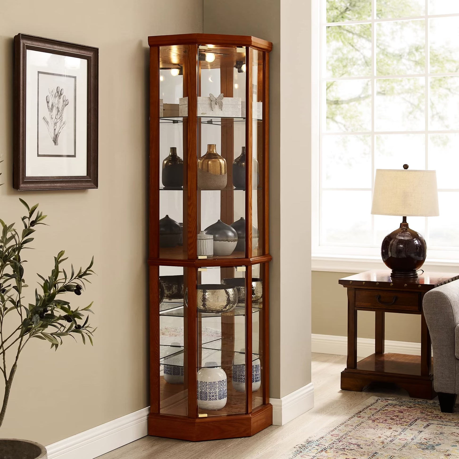 Walnut Cabinet With 6 Shelves, Adjustable Glass & Mirrored Back Design Shelf Lighted Corner Curio Shelves In