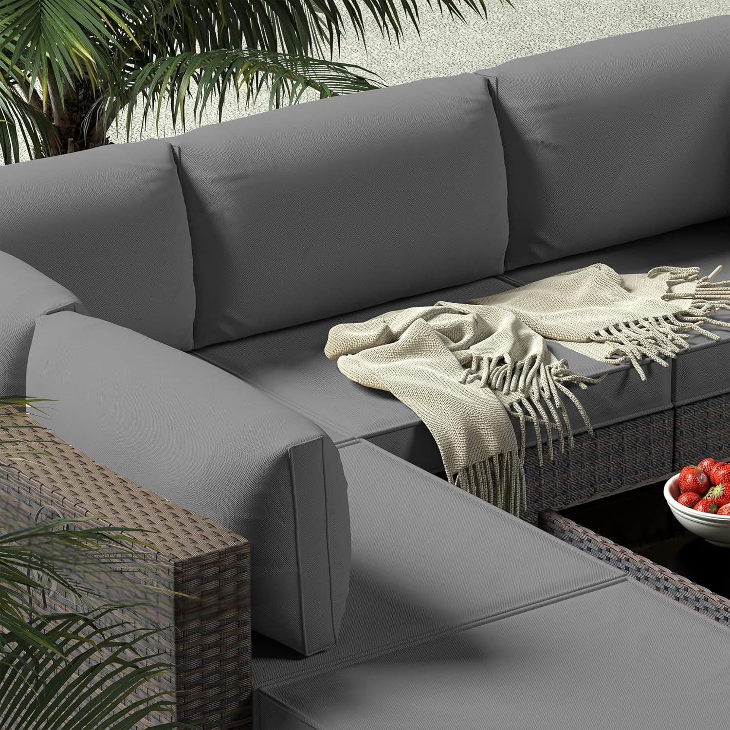 Patio Furniture Set on Sale, 7-Piece Wicker Sectional Outdoor Sofa Set with Glass Table & Water-Resistant Cushions, All-Weather PE Rattan for Backyard, Poolside, Garden (Gray)