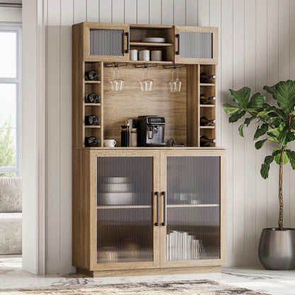 BELLEZE Coffee Wine Bar Cabinet with Power Outlet, 72" Rustic Liquor Cabinet, Tall Buffet Cabinet with Storage Kitchen Pantry Cupboard Wine& Glasses Rack Server with Hutch for Home Dining Room, Ebony
