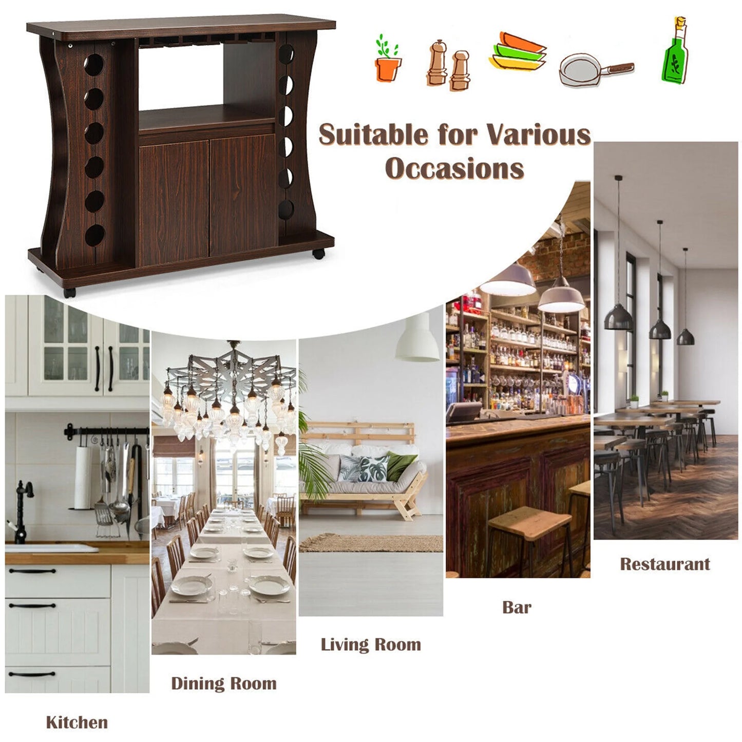 Gymax Rolling Buffet Sideboard Wooden Bar Storage Cabinet w/Wine Rack & Glass Holder