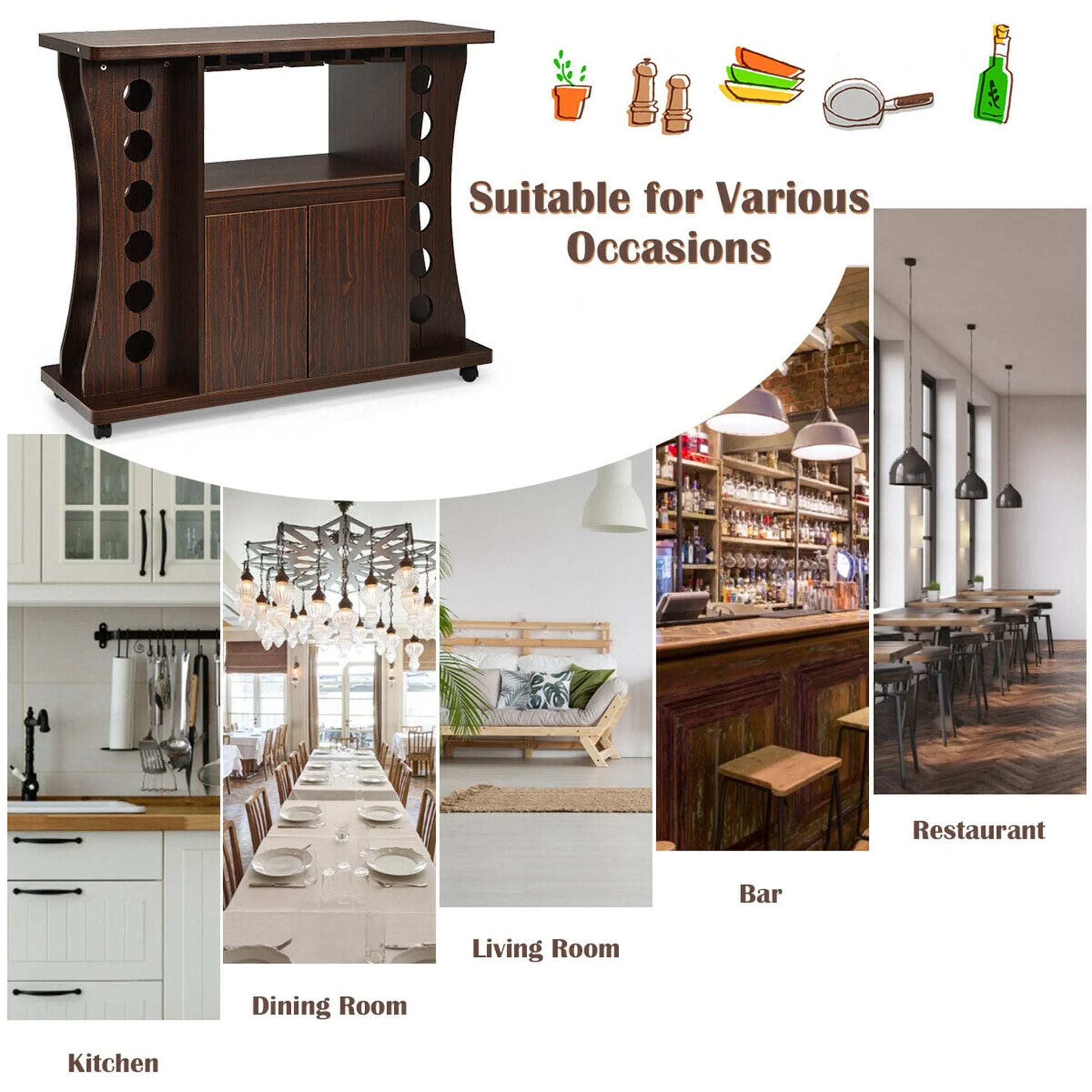 Gymax Rolling Buffet Sideboard Wooden Bar Storage Cabinet w/Wine Rack & Glass Holder