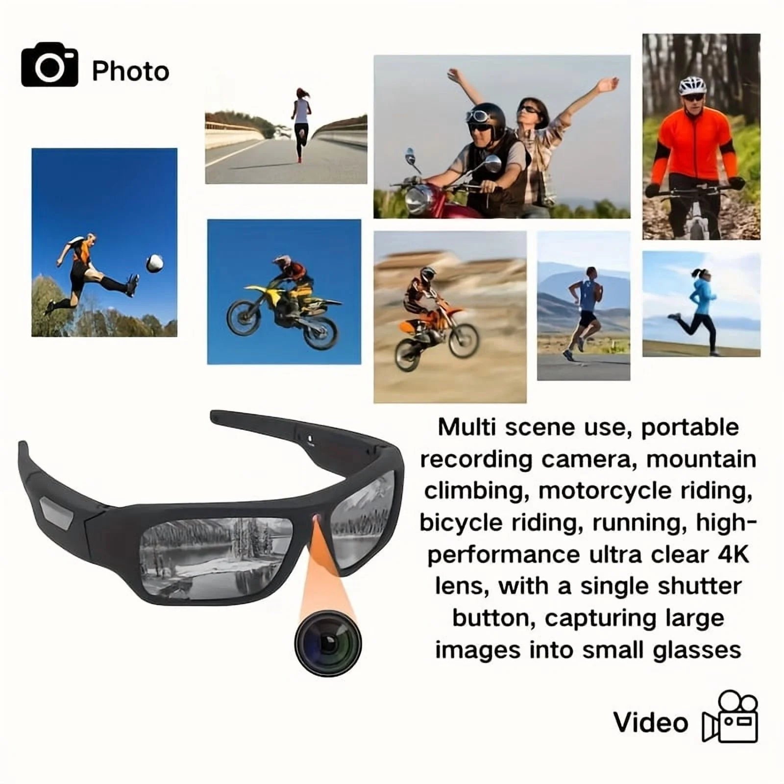 4K Camera Glasses - UHD Sports Action Cam with 64GB Card, 2-Hour Recording for Cycling, Motorcycle & Fishing, Hands-Free Body Camera (Black)