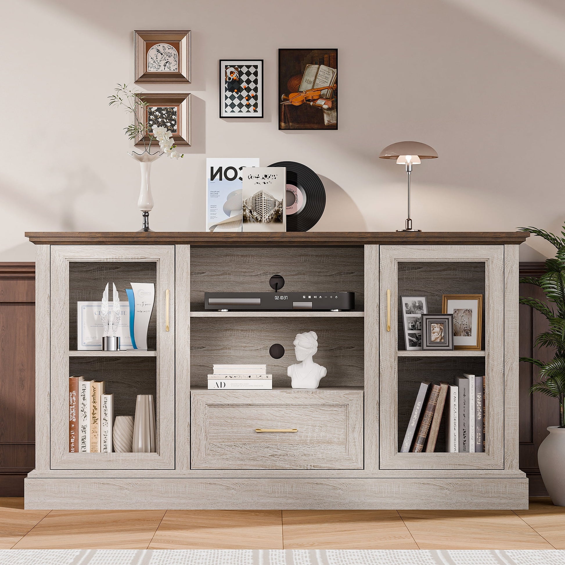 GETYES Farmhouse TV Stand for 70" TV, Wood Entertainment Center with Glass Doors and Adjustable Shelves