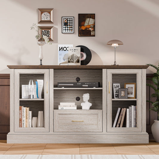 GETYES Farmhouse TV Stand for 70" TV, Wood Entertainment Center with Glass Doors and Adjustable Shelves