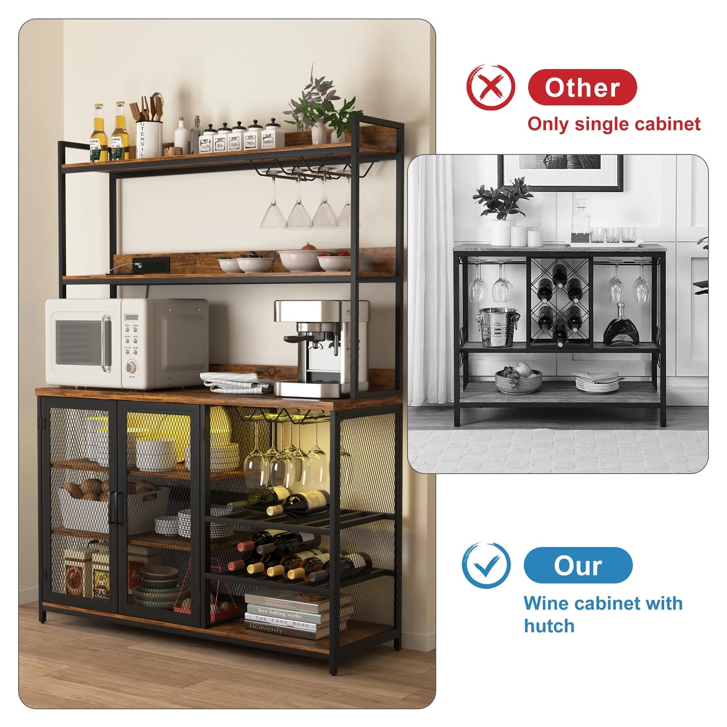 Kepooman Coffee Bar Cabinet with Power Outlet, Industrial Buffet Cabinet with LED Strip and Glass Holder, 3-Tiers Liquor Cabinet Bar for Home, Dining Room, Kitchen, Vintage Brown