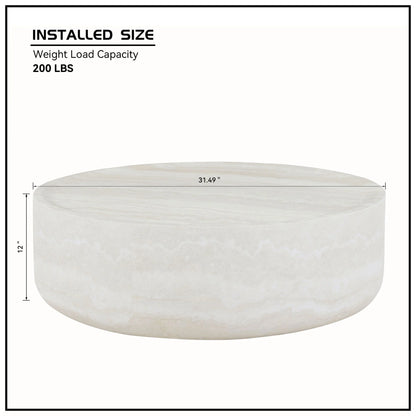 31.49'' Round Coffee Table with Marble Texture, Modern Low Drum Circle Fiberglass Coffee Table, Side Table Accent Table for Living Room, Outdoor, No Need Assembly, Marble
