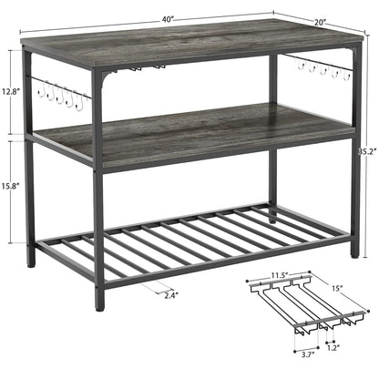 Homieasy Kitchen Island with Wine Glass Holder, Industrial Wood and Metal Coffee Bar Rack, 3 Tier Spacious Prep Table Extended Counter with Hooks Easy to Assemble, Gray Oak
