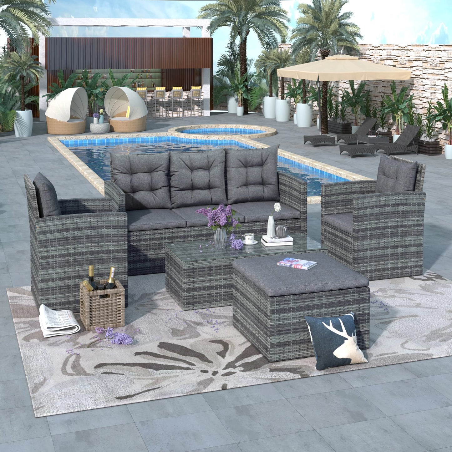 Highsound Patio Furniture Set Sofa 5-Piece Wicker PE Rattan Sectional Sofa Set, Outdoor Furniture Patio Conversation Sofa Set with Glass Coffee Table and Ottoman, Gray