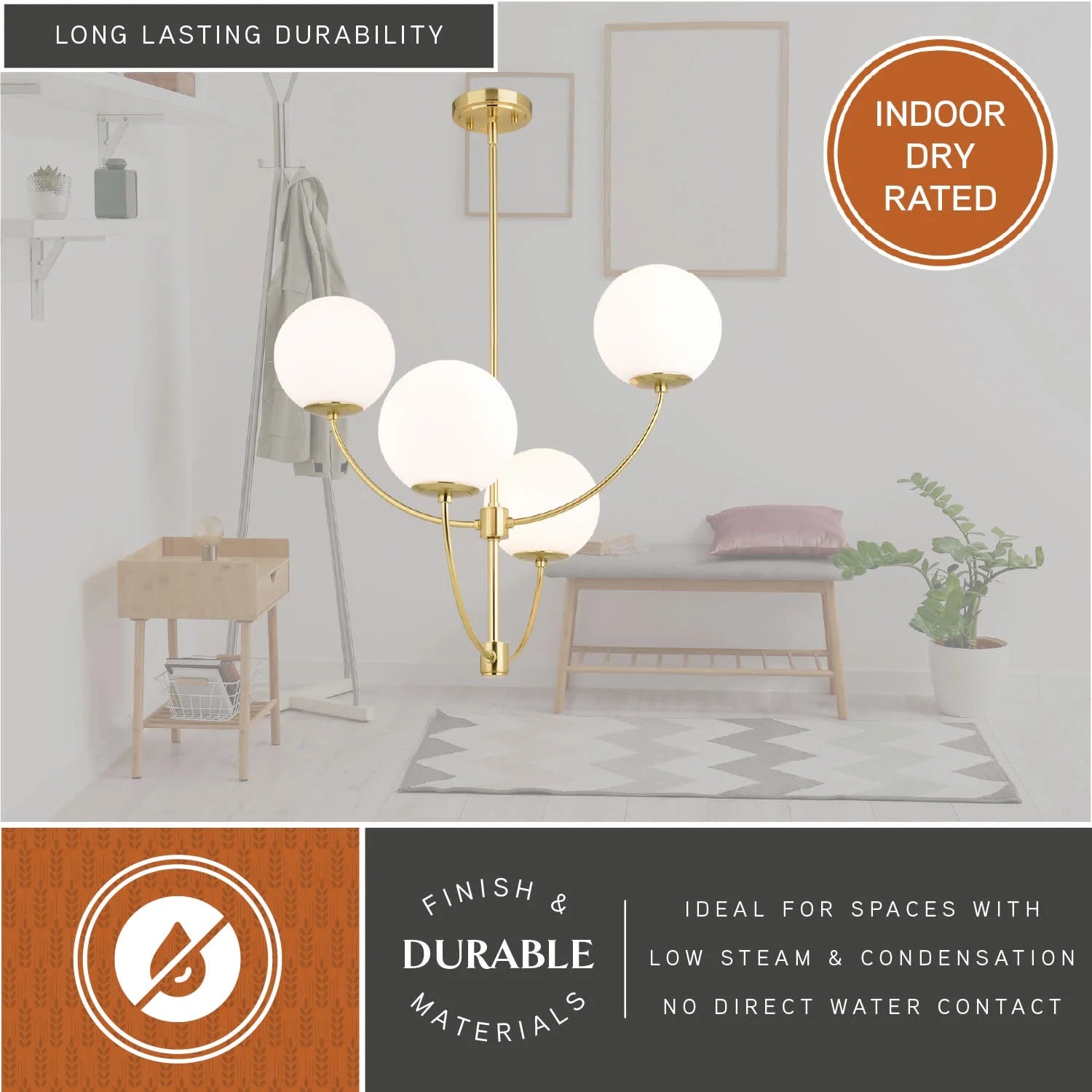Avers 4 Light LED Compatible Gold Brass Mid-Century Modern Chandelier White Globe Glass