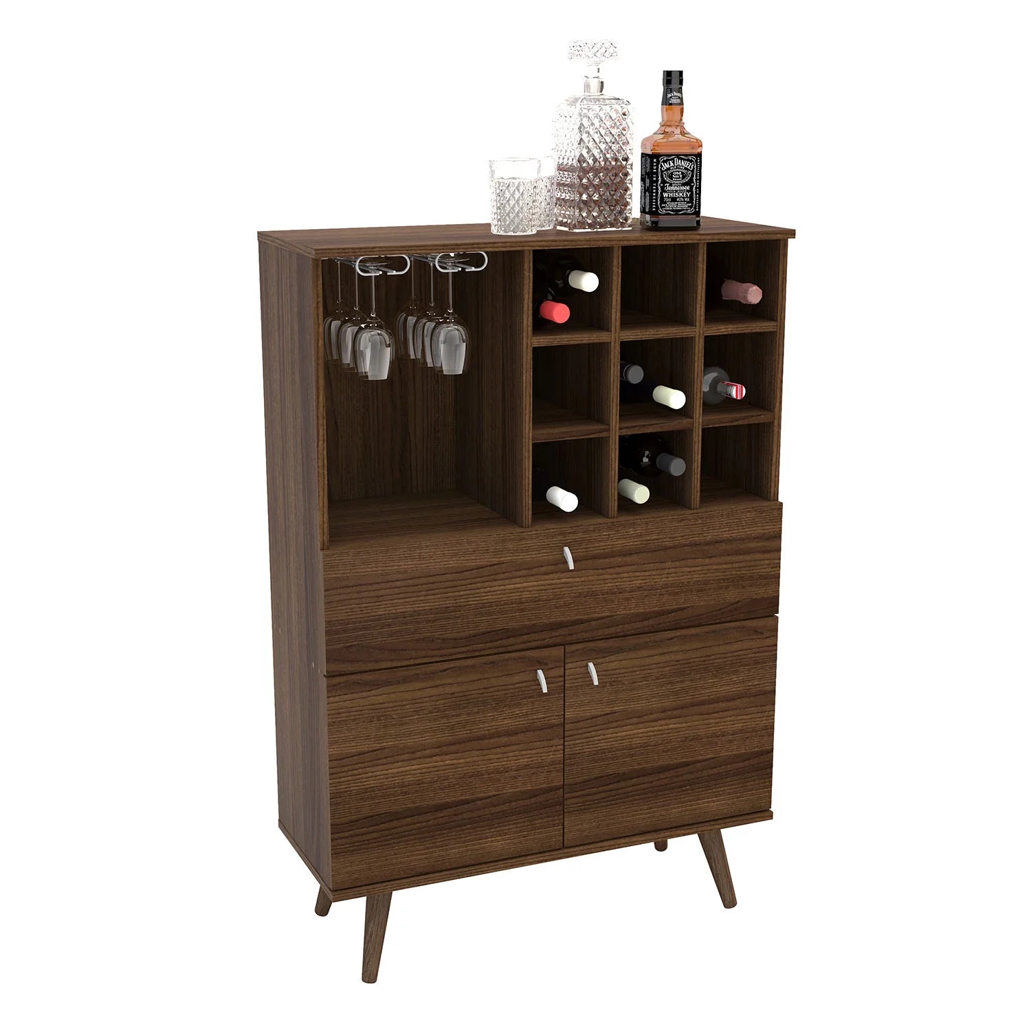 Polifurniture Salamanca Modern Bar Cabinet with Wine Rack and Glass Holder, Walnut