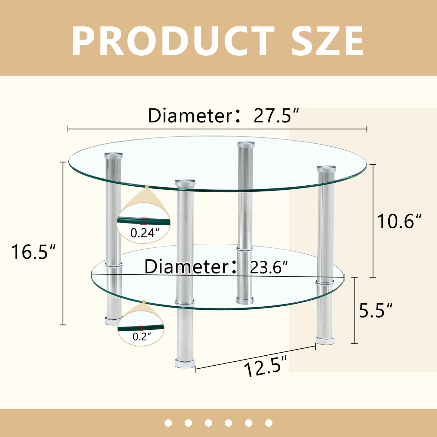 Coffee Tables Contemporary Minimalist Double Layer Tempered Glass Coffee Table - 27.5" Top and 23.6" Bottom.Reinforced Glass Tabletop,Stainless Steel Silver Plated Legs.,End Tables