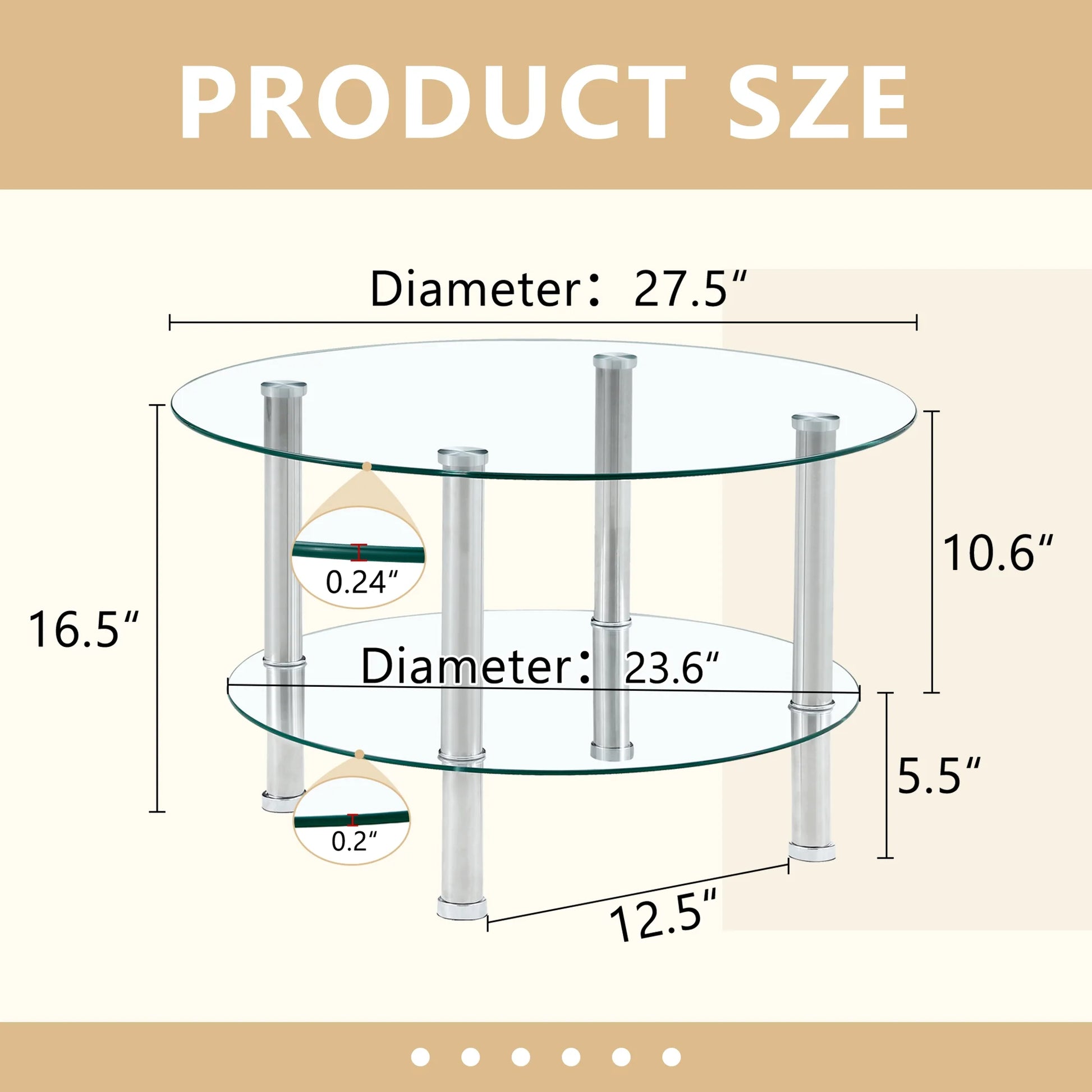 Coffee Tables Contemporary Minimalist Double Layer Tempered Glass Coffee Table - 27.5" Top and 23.6" Bottom.Reinforced Glass Tabletop,Stainless Steel Silver Plated Legs.,End Tables