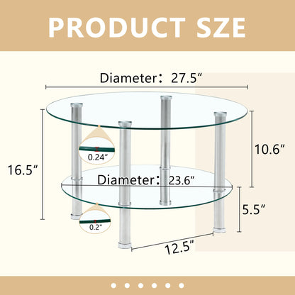 Coffee Tables Contemporary Minimalist Double Layer Tempered Glass Coffee Table - 27.5" Top and 23.6" Bottom.Reinforced Glass Tabletop,Stainless Steel Silver Plated Legs.,End Tables