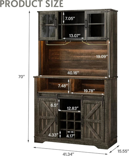 72" Farmhosue Coffee Bar Cabinet with Storage, Tall Kitchen Buffet with Hutch & Wine & Glasses Rack, Sliding Barn Door, Charging Station, RGB Lighting, 12 Storage Shelves, Sideboard Table
