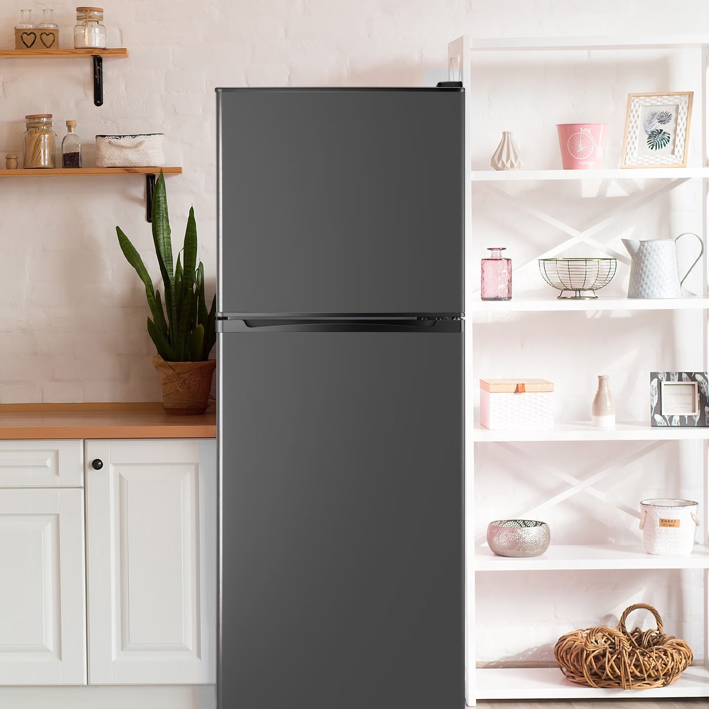 4.5 Cu.ft Compact Refrigerator 2 Door with Freezer,7 Adjustable Thermostat & 4 Removable Glass Shelves,Large Size Refrigerator for Garage/Bedroom/Kitchen/Apartment and Office,Grey