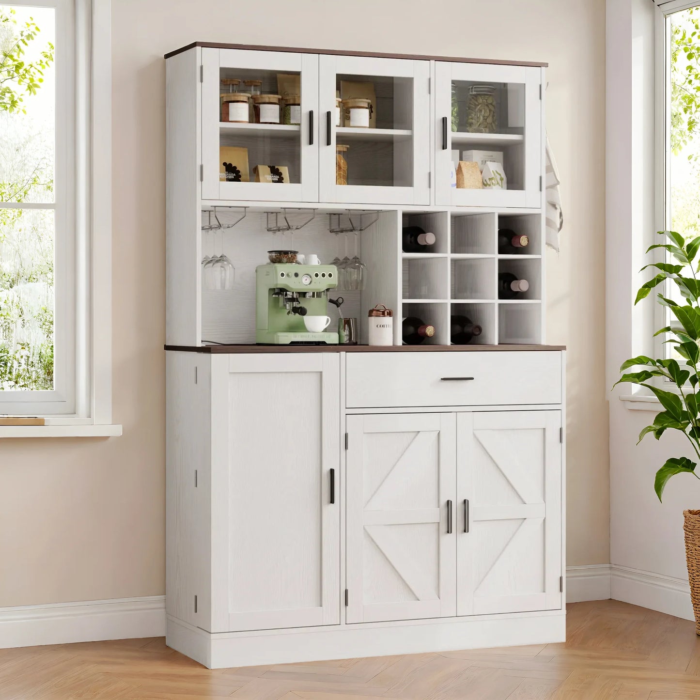 ANCTOR Kitchen Pantry Storage Cabinet with Glass Door, Kitchen Hutch Buffet Cabinet with Drawer, Power Outlet, Wine Rack