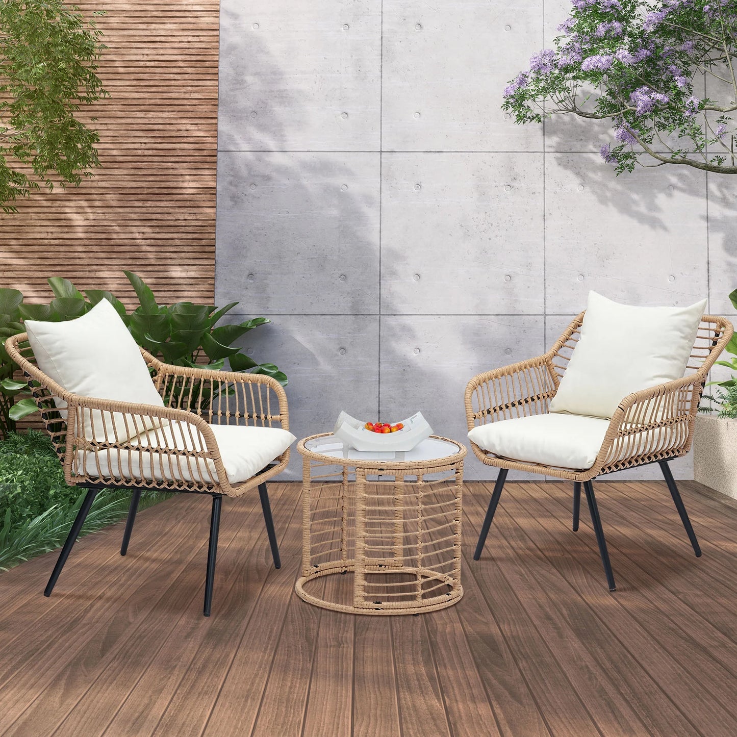 Ainfox 3-Piece Steel Outdoor Bistro Sets with Metal Chairs and Glass Top Table, Beige